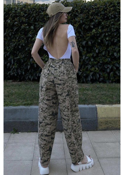 Kadın Haki & Kahve Beli Lastikli, Cepli, Desenli Gabardin Kumaş, Salaş Pantolon fiyatları