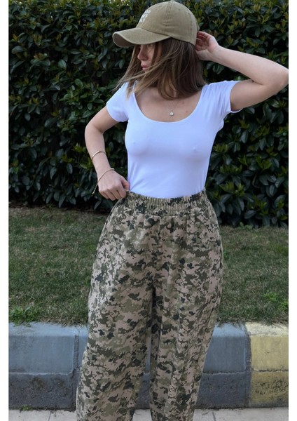 Kadın Haki & Kahve Beli Lastikli, Cepli, Desenli Gabardin Kumaş, Salaş Pantolon modelleri