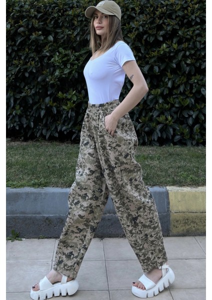 Kadın Haki & Kahve Beli Lastikli, Cepli, Desenli Gabardin Kumaş, Salaş Pantolon indirimleri