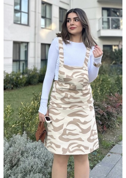 Kadın Bej Desenli, Geniş Cepli, Kalın Askılı, Gabardin Salopet Elbise