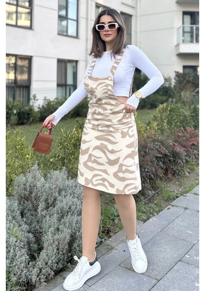 Kadın Bej Desenli, Geniş Cepli, Kalın Askılı, Gabardin Salopet Elbise modelleri