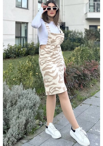 Kadın Bej Desenli, Geniş Cepli, Kalın Askılı, Gabardin Salopet Elbise fırsatları