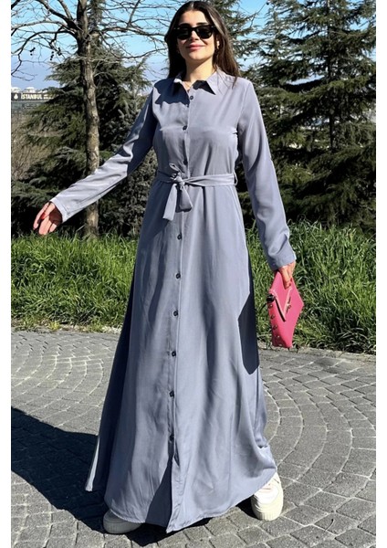 Kadın Gri Kupra Kumaş, Uzun Kol, Beli Kuşaklı, Vucüda Oturan Kalıp, Uzun Gömlek Elbise