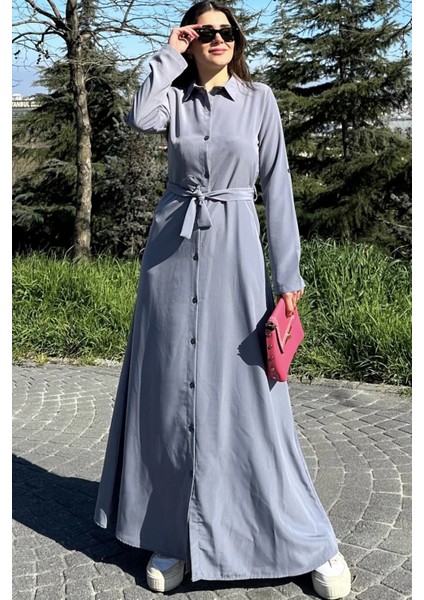 Kadın Gri Kupra Kumaş, Uzun Kol, Beli Kuşaklı, Vucüda Oturan Kalıp, Uzun Gömlek Elbise fiyatları