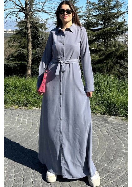 Kadın Gri Kupra Kumaş, Uzun Kol, Beli Kuşaklı, Vucüda Oturan Kalıp, Uzun Gömlek Elbise modelleri
