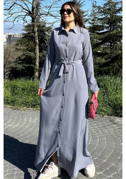 Kadın Gri Kupra Kumaş, Uzun Kol, Beli Kuşaklı, Vucüda Oturan Kalıp, Uzun Gömlek Elbise fırsatları