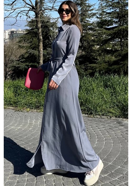 Kadın Gri Kupra Kumaş, Uzun Kol, Beli Kuşaklı, Vucüda Oturan Kalıp, Uzun Gömlek Elbise indirimleri