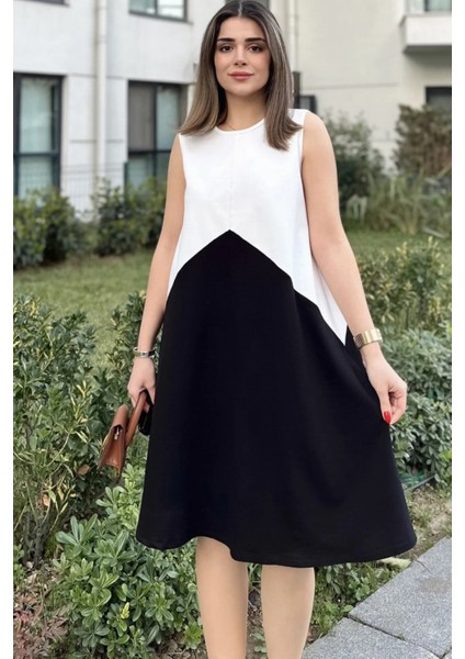 Kadın Siyah & Beyaz Color Blocklu, Kolsuz, Yuvarlak Yaka, Midi Salaş Elbise
