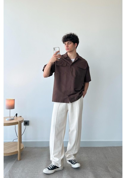 Cozy Boy Kısa Kol Kahverengi Oversize Gömlek