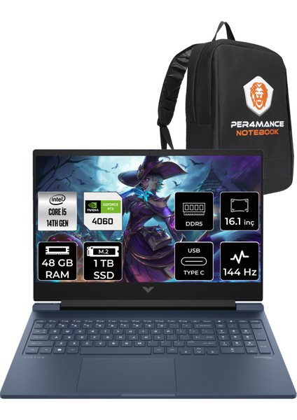 Victus 16 Intel Core I5 14500HX 48GB 1tb SSD RTX4060/8GB 144Hz 16.1" Fhd Fdos Taşınabilir Bilgisayar & Per4 Çanta 9J260EAPN328