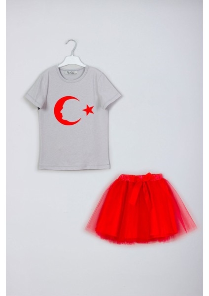 Ay Yıldız Atatürk Silüetli Baskılı Tişört Tütü Etek Kombin Set