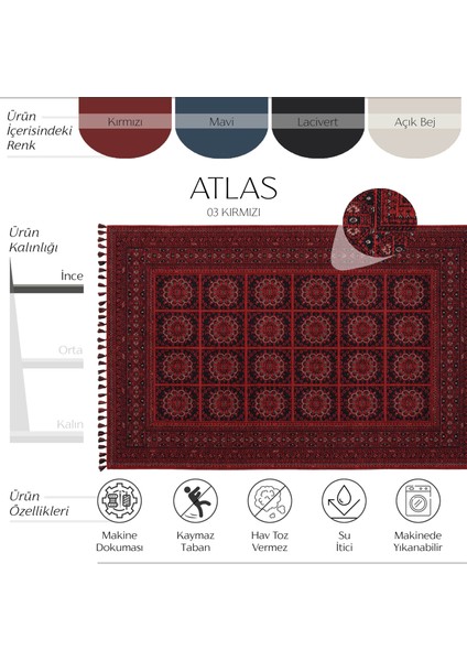 Atlas 03 Kırmızı Mutfak Halısı Yıkanabilir Halı Kaymaz Taban Yolluk Afgan Halısı Salon Halısı fiyatları