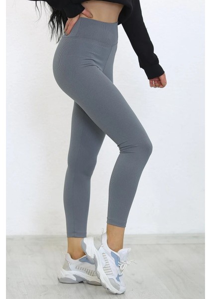 Gri Fitilli Tayt, Toparlayıcı Yüksek Bel Fitilli Çizgili Spor Günlük Kadın Tayt