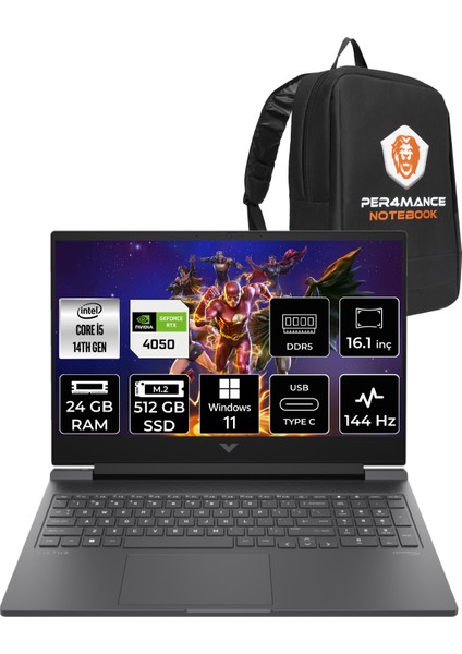 Victus 16 Intel Core I5 14500HX 24GB 512GB SSD RTX4050/6GB 144Hz 16.1" Fhd W11P Taşınabilir Bilgisayar & Per4 Çanta 9J259EAPN352