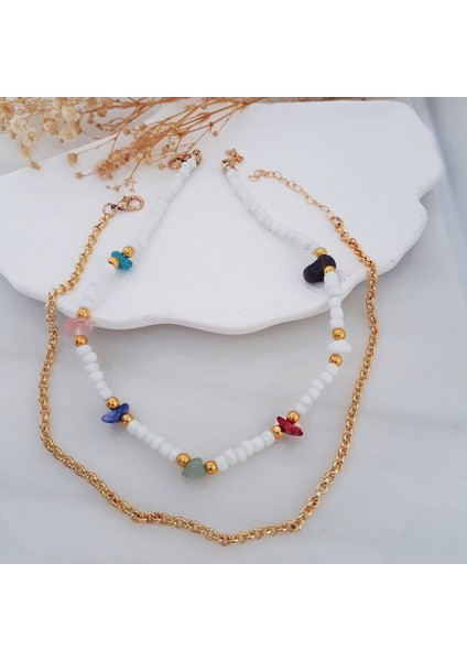 Beyaz Seramik Boncuk & Doğal Taş Çakra & Zincir Ikili Choker Kadın Kolye