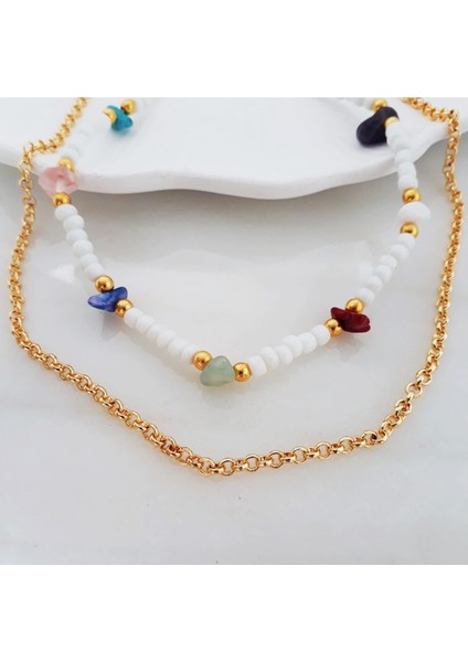Beyaz Seramik Boncuk & Doğal Taş Çakra & Zincir Ikili Choker Kadın Kolye fiyatları