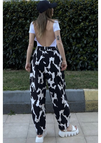 Kadın Siyah Beli Lastikli, Cepli, Desenli Gabardin Kumaş, Salaş Pantolon fırsatları