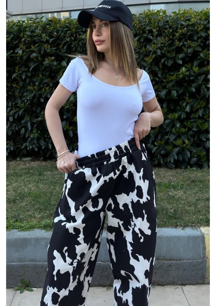 Kadın Siyah Beli Lastikli, Cepli, Desenli Gabardin Kumaş, Salaş Pantolon indirimleri