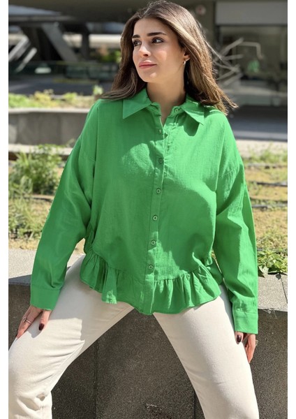 Kadın Yeşil Eteği Fırfır ve Yırtmaç Detaylı, Terletmez Rahat Kumaş, Salaş Gömlek modelleri
