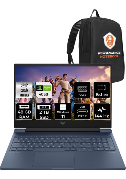 Victus 16 Intel Core I7 14700HX 48GB 2tb SSD RTX4050/6GB 144Hz 16.1" Fhd W11P Taşınabilir Bilgisayar & Per4 Çanta 9J253EAPN409