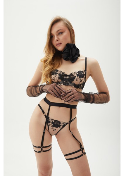Black Orchid Balenli Brode Iç Çamaşırı Takımı Siyah Kemerli Bacak Bantı Jartiyer Takım Siyah modelleri