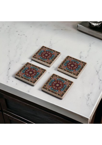 Etnik Kilim Desen Tile, Çini Desen Doğal Taş Traverten Bardak Altlığı 4 Lü Set