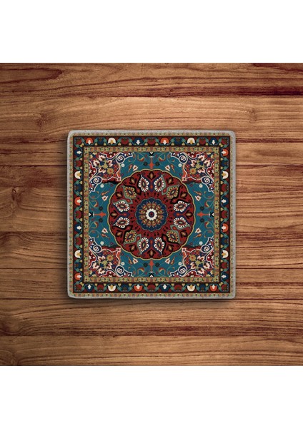 Etnik Kilim Desen Tile, Çini Desen Doğal Taş Traverten Bardak Altlığı 4 Lü Set