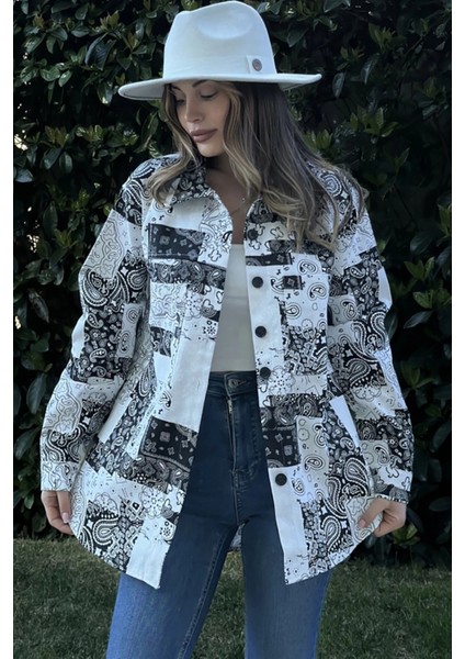 Kadın Siyah Desenli Gabardin Kumaş, Eteği Oval Kesim, Cepli, Oversize Gömlek
