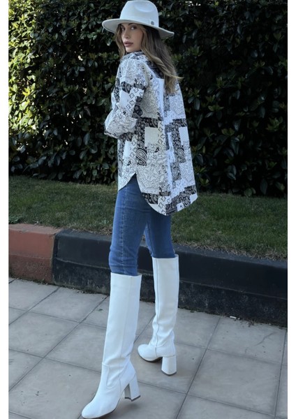 Kadın Siyah Desenli Gabardin Kumaş, Eteği Oval Kesim, Cepli, Oversize Gömlek fiyatları