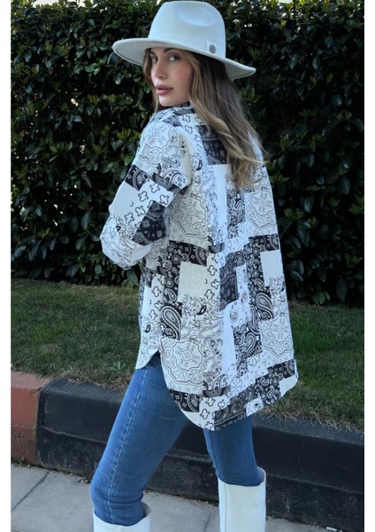 Kadın Siyah Desenli Gabardin Kumaş, Eteği Oval Kesim, Cepli, Oversize Gömlek modelleri