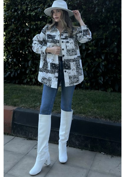 Kadın Siyah Desenli Gabardin Kumaş, Eteği Oval Kesim, Cepli, Oversize Gömlek fırsatları