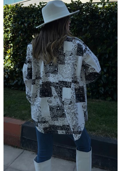 Kadın Siyah Desenli Gabardin Kumaş, Eteği Oval Kesim, Cepli, Oversize Gömlek indirimleri