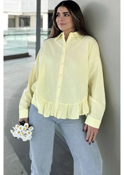 Kadın Sarı Eteği Fırfır ve Yırtmaç Detaylı, Terletmez Rahat Kumaş, Salaş Gömlek
