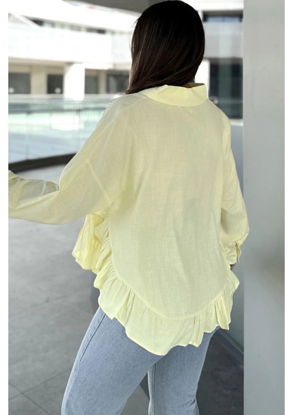 Kadın Sarı Eteği Fırfır ve Yırtmaç Detaylı, Terletmez Rahat Kumaş, Salaş Gömlek fiyatları