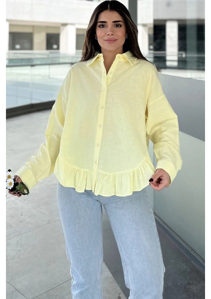 Kadın Sarı Eteği Fırfır ve Yırtmaç Detaylı, Terletmez Rahat Kumaş, Salaş Gömlek modelleri