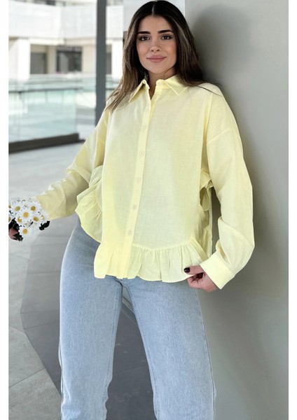 Kadın Sarı Eteği Fırfır ve Yırtmaç Detaylı, Terletmez Rahat Kumaş, Salaş Gömlek fırsatları
