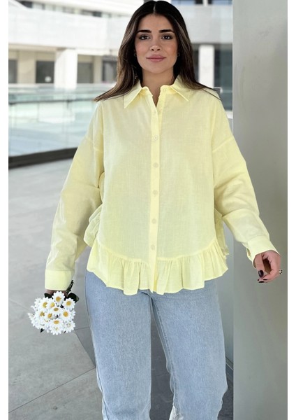 Kadın Sarı Eteği Fırfır ve Yırtmaç Detaylı, Terletmez Rahat Kumaş, Salaş Gömlek indirimleri