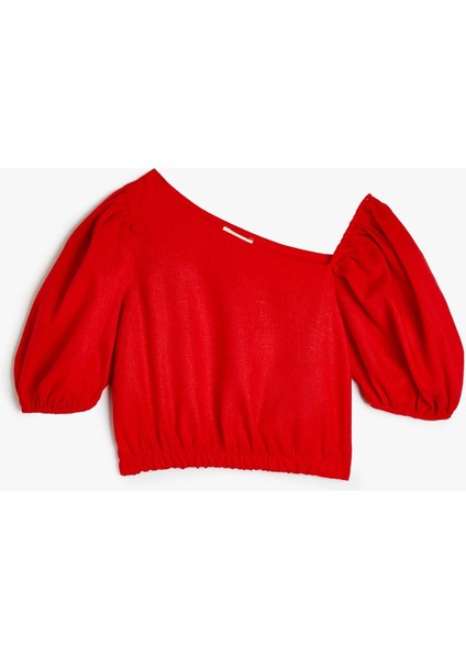 Kız Çocuk Crop Keten Bluz Balon Kollu Asimetrik Yaka 4SKG60035AW