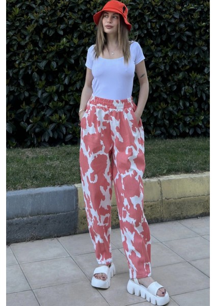 Kadın Mercan Beli Lastikli, Cepli, Desenli Gabardin Kumaş, Salaş Pantolon