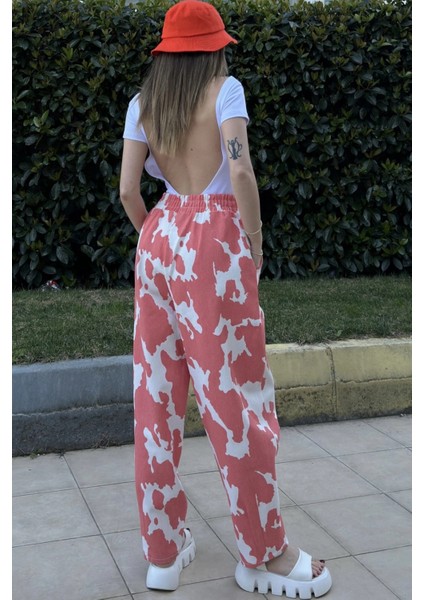 Kadın Mercan Beli Lastikli, Cepli, Desenli Gabardin Kumaş, Salaş Pantolon modelleri