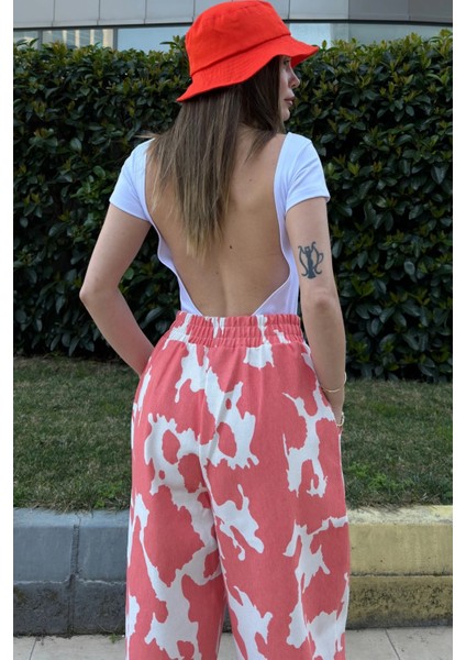 Kadın Mercan Beli Lastikli, Cepli, Desenli Gabardin Kumaş, Salaş Pantolon fırsatları