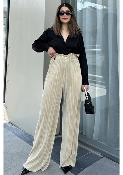 Kadın Sarı Beli Lastikli, Yüksel Bel, Salaş Kesim, Bol Paça Bürümcük Pantolon