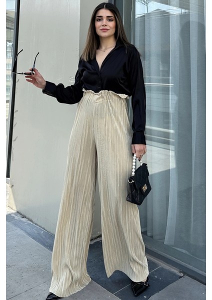 Kadın Sarı Beli Lastikli, Yüksel Bel, Salaş Kesim, Bol Paça Bürümcük Pantolon fiyatları