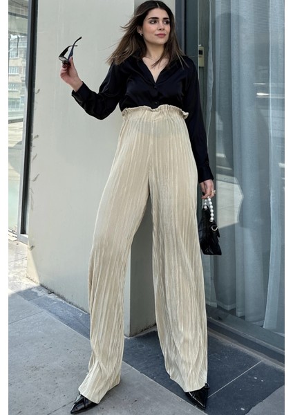 Kadın Sarı Beli Lastikli, Yüksel Bel, Salaş Kesim, Bol Paça Bürümcük Pantolon modelleri