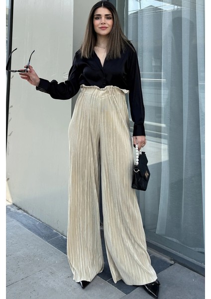 Kadın Sarı Beli Lastikli, Yüksel Bel, Salaş Kesim, Bol Paça Bürümcük Pantolon fırsatları