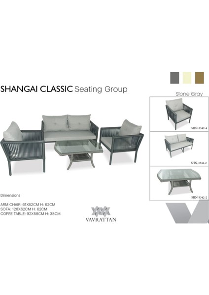 Shangai Classic Rattan Oturma Takımı 2+1+1+Sehpa Taş Gri