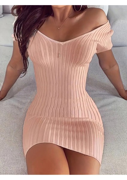 Kadın Kısa Kollu V Yaka Geniş Fitilli Mini Triko Elbise modelleri