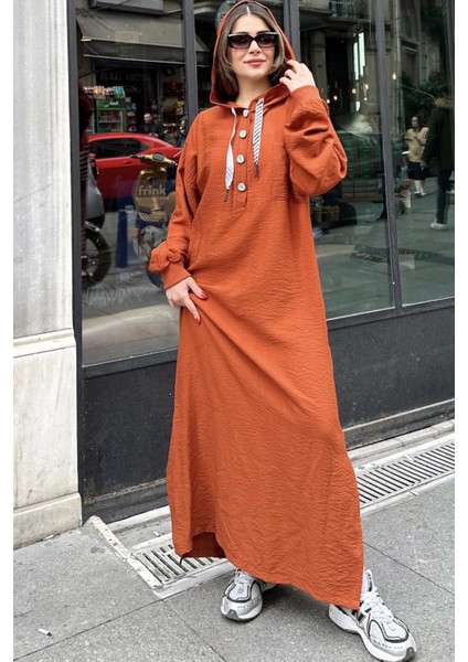 Kadın Kiremit Arkası Digital-Art Baskı, Yırtmaçlı, Kapüşonlu Uzun Keten Elbise