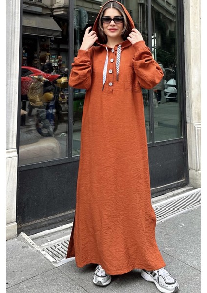 Kadın Kiremit Arkası Digital-Art Baskı, Yırtmaçlı, Kapüşonlu Uzun Keten Elbise modelleri