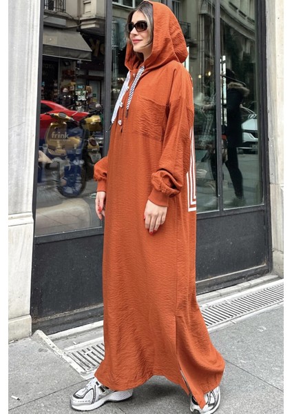 Kadın Kiremit Arkası Digital-Art Baskı, Yırtmaçlı, Kapüşonlu Uzun Keten Elbise indirimleri